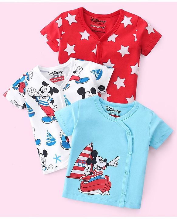 Babyhug Disney 100% Cotton Interlock Knit Half Sleeves Front Open Jhablas Mickey Mouse Print Pack of 3 - Multicolor