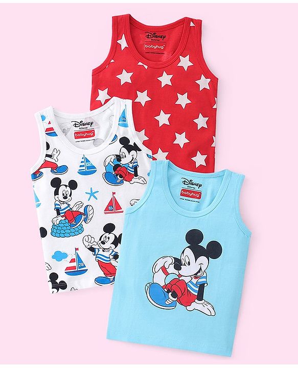Babyhug Disney 100% Cotton Knit Sleeveless Star & Mickey Mouse Print Sando Pack of 3 - Multicolour