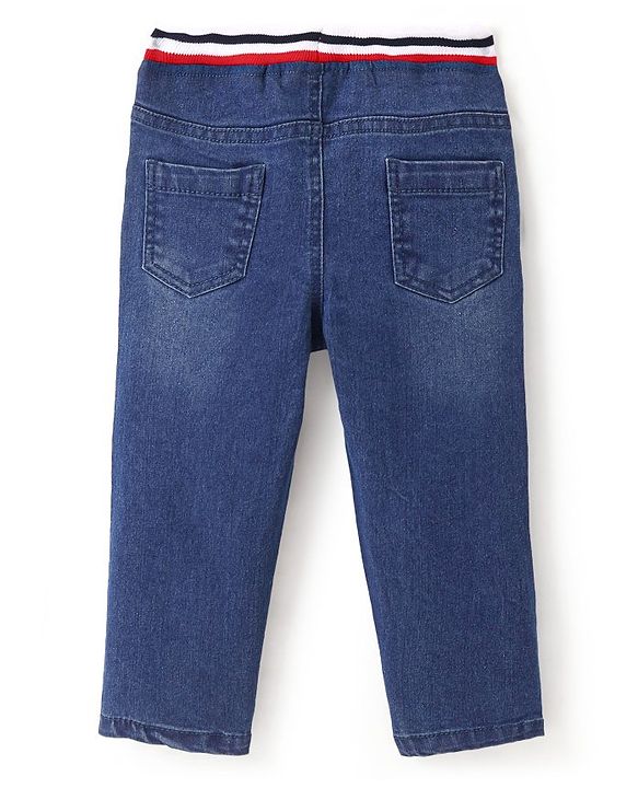 Babyhug Full Length Rocket Patch Stretchable Denim Jogger - Blue