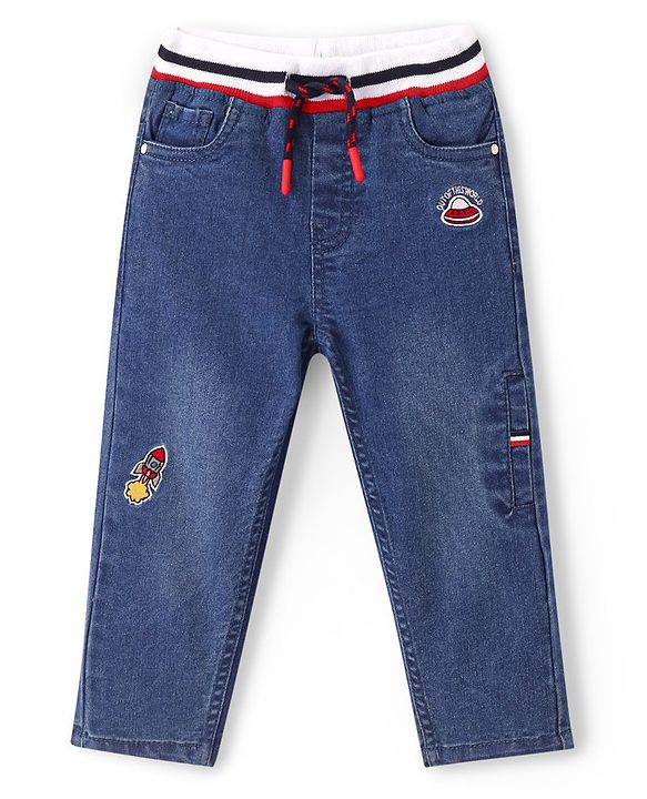 Babyhug Full Length Rocket Patch Stretchable Denim Jogger - Blue
