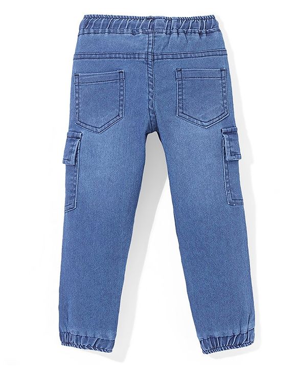Babyhug Denim Full Length Washed Stretchable Joggers with Cargo Pockets - Blue