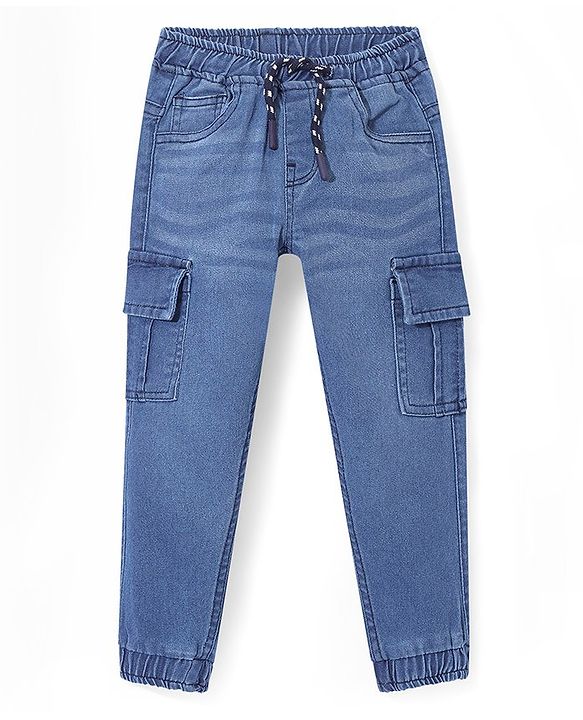 Babyhug Denim Full Length Washed Stretchable Joggers with Cargo Pockets - Blue