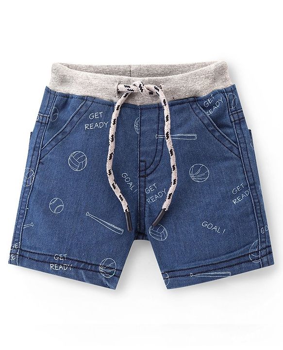 Babyhug Cotton Denim Shorts With Stretch Ball Print- Blue