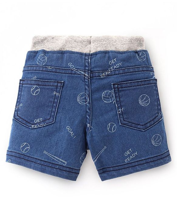 Babyhug Cotton Denim Shorts With Stretch Ball Print- Blue