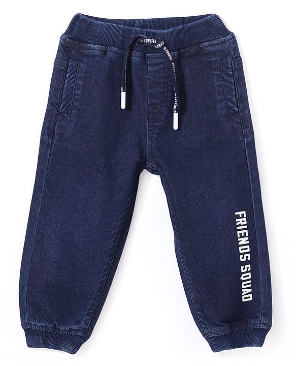 Babyhug Denim Full Length Joggers Text Print - Dark Blue