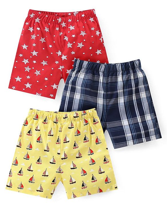 Babyhug Cotton Woven Regular Boxers Stars & Boats Print Pack of 3 - Blue Yellow & Red