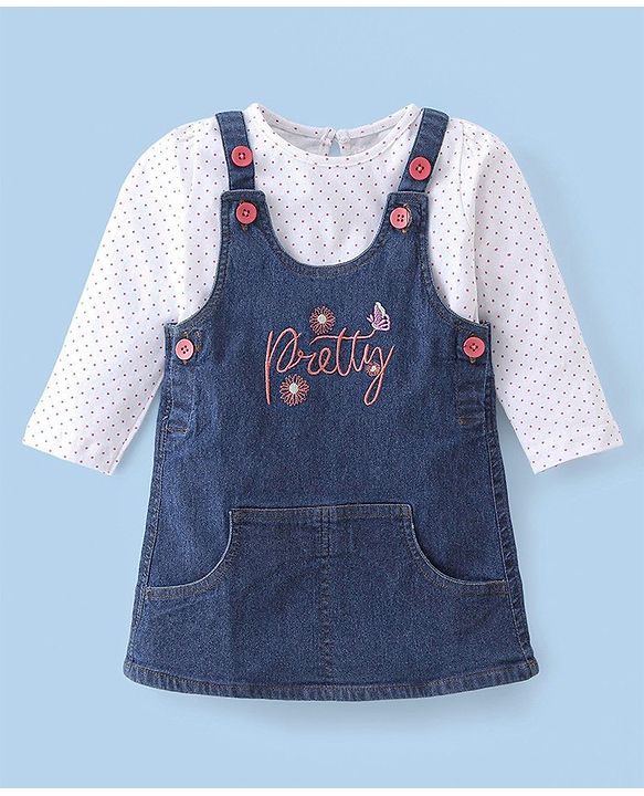 Babyhug Text Embroidery Denim Frock with Full Sleeves Polka Dots Printed Inner Tee - Blue