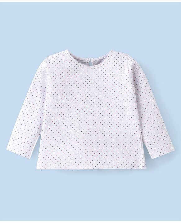 Babyhug Text Embroidery Denim Frock with Full Sleeves Polka Dots Printed Inner Tee - Blue