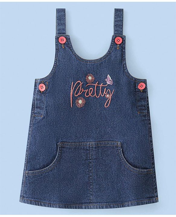 Babyhug Text Embroidery Denim Frock with Full Sleeves Polka Dots Printed Inner Tee - Blue