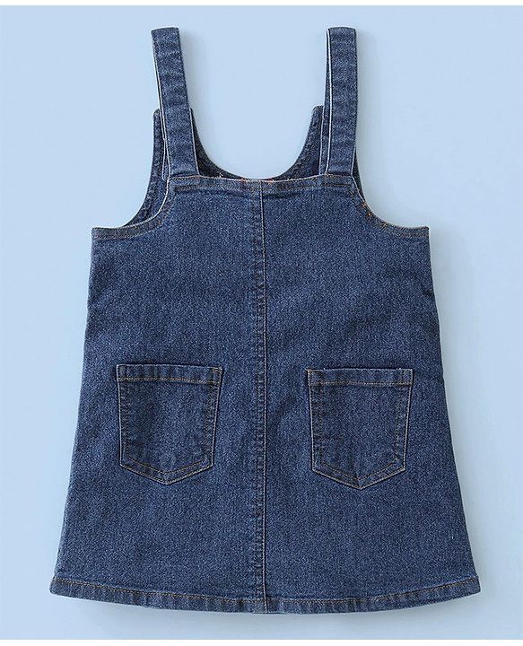 Babyhug Text Embroidery Denim Frock with Full Sleeves Polka Dots Printed Inner Tee - Blue