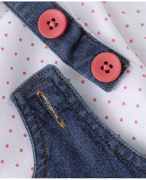 Babyhug Text Embroidery Denim Frock with Full Sleeves Polka Dots Printed Inner Tee - Blue