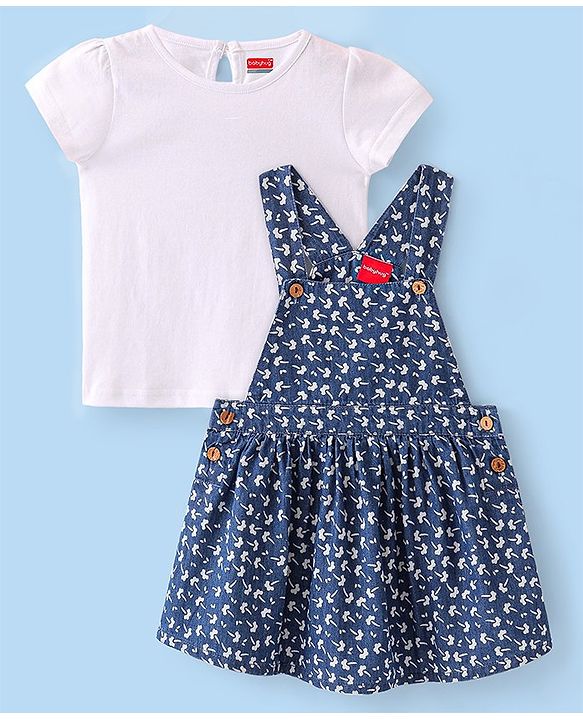 Babyhug Denim Woven Frocks with Half Sleeves T-Shirt Floral Print - Navy Blue