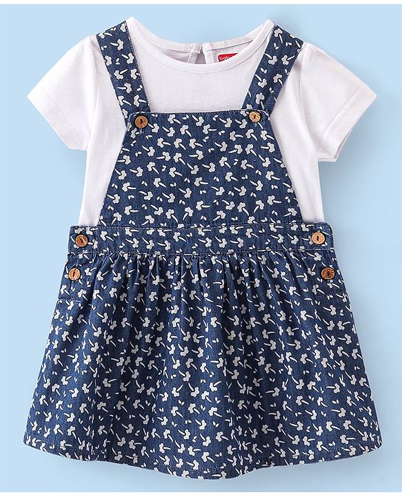 Babyhug Denim Woven Frocks with Half Sleeves T-Shirt Floral Print - Navy Blue