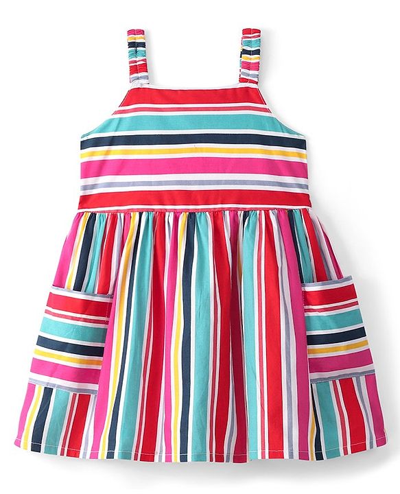 Babyhug 100% Cotton Poplin Woven Sleeveless Striped Frock - Multicolor