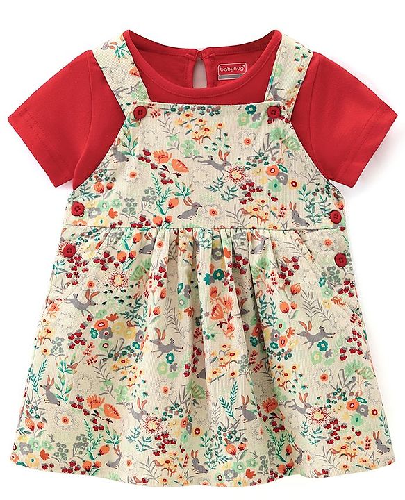 Babyhug Sleeveless Floral Print Frock with Inner T-Shirt  Solid Colour  -  Red & Cream