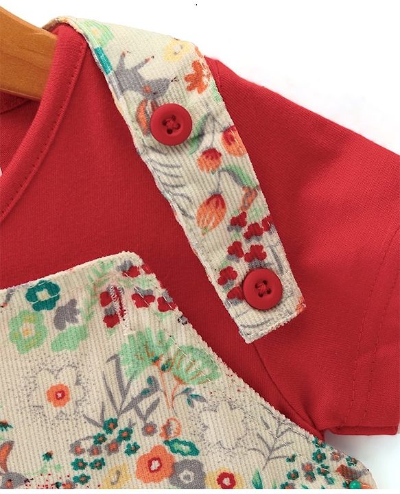 Babyhug Sleeveless Floral Print Frock with Inner T-Shirt  Solid Colour  -  Red & Cream