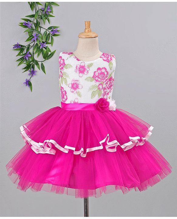 Babyhug Sleeveless Tiered Party Frock Floral Design - Pink