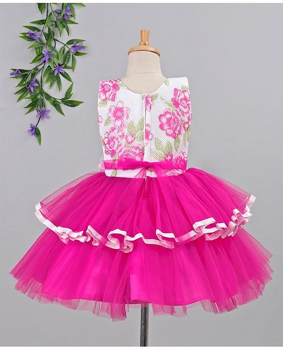 Babyhug Sleeveless Tiered Party Frock Floral Design - Pink