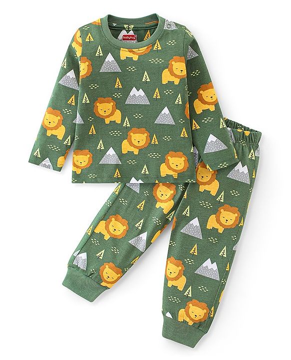 Babyhug Cotton  Knit Full Sleeves Night Suit With Lion Print - Green