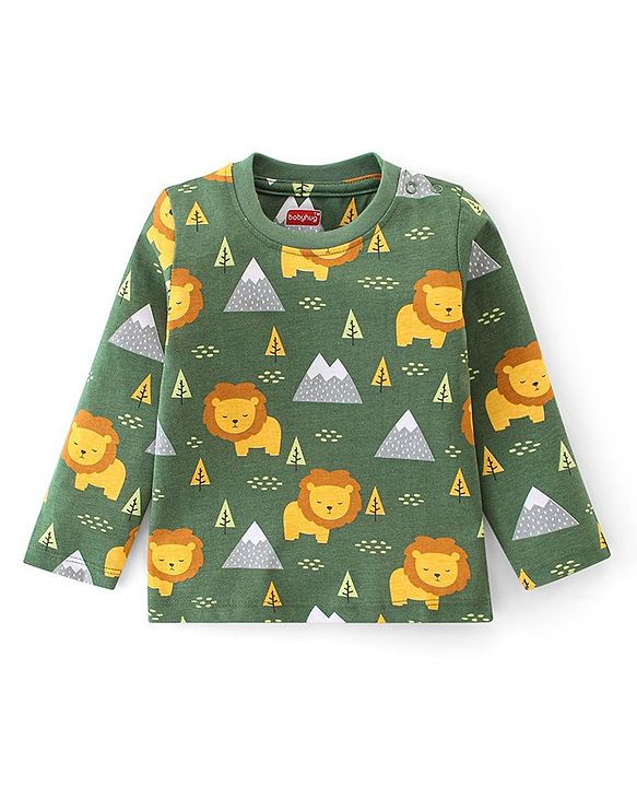 Babyhug Cotton  Knit Full Sleeves Night Suit With Lion Print - Green