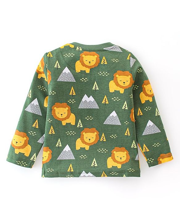 Babyhug Cotton  Knit Full Sleeves Night Suit With Lion Print - Green