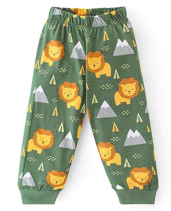 Babyhug Cotton  Knit Full Sleeves Night Suit With Lion Print - Green