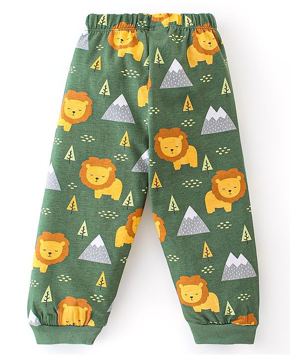 Babyhug Cotton  Knit Full Sleeves Night Suit With Lion Print - Green