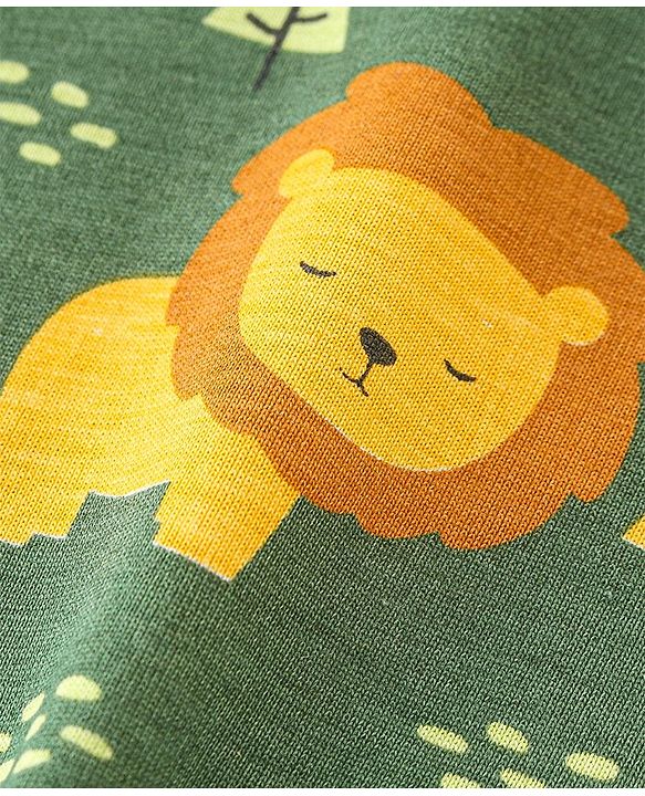 Babyhug Cotton  Knit Full Sleeves Night Suit With Lion Print - Green