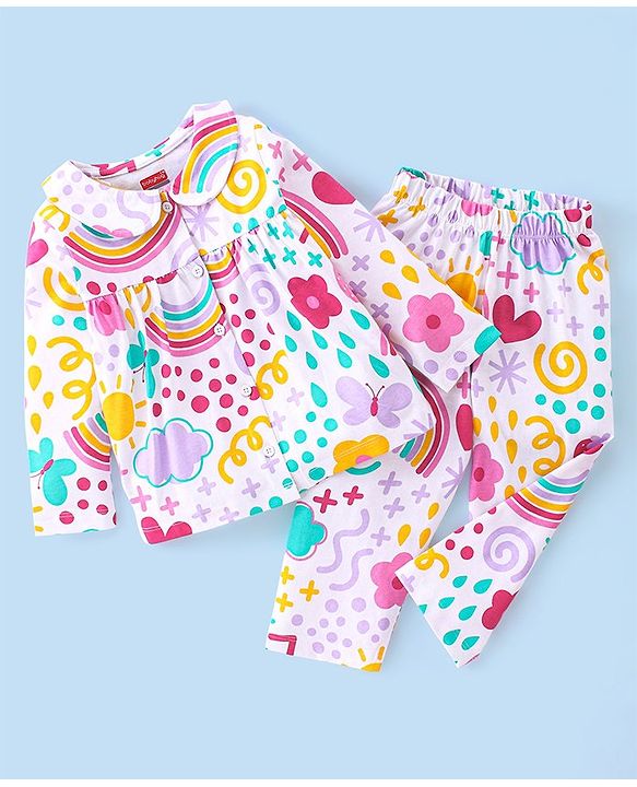 Babyhug Single Jersey Knit Full Sleeves Floral Print Night Suit - Multicolor