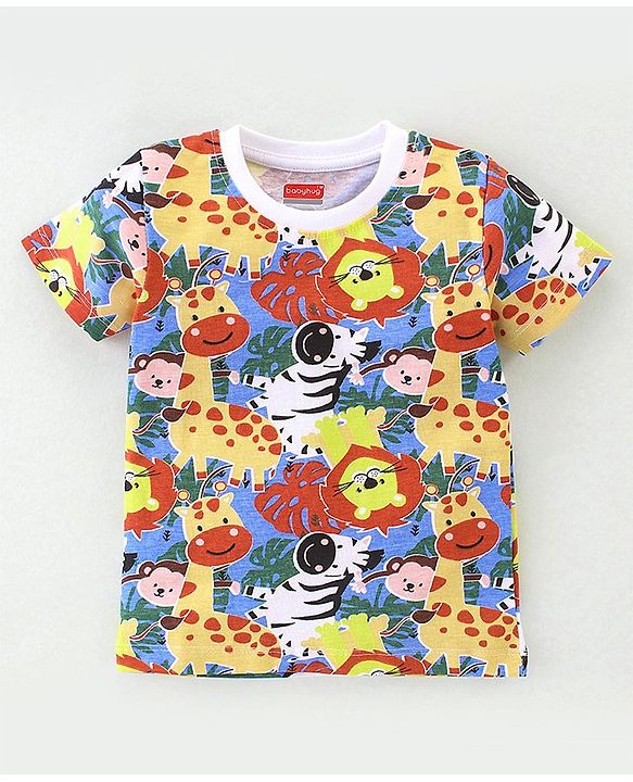Babyhug Single Jersey Knit Half Sleeves Animal Print Night Suit - Multicolor