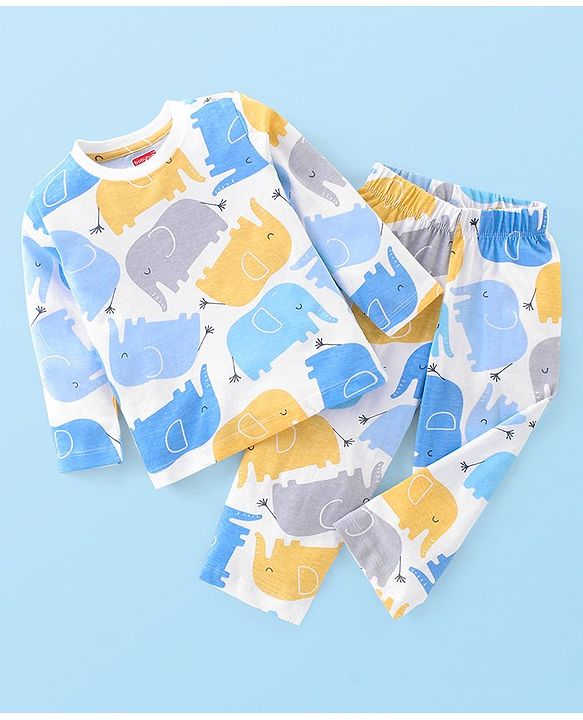 Babyhug Single Jersey Knit Full Sleeves Elephant Print Night Suit - Multicolor