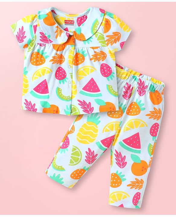 Babyhug Cotton Knit Half Sleeves Night Suit Fruity Print - Blue