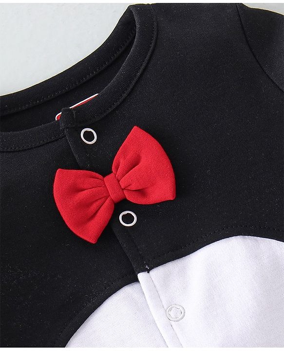 Babyhug Cotton Interlock Knit Full Sleeves Sleepsuit With Bow Applique - Black & White
