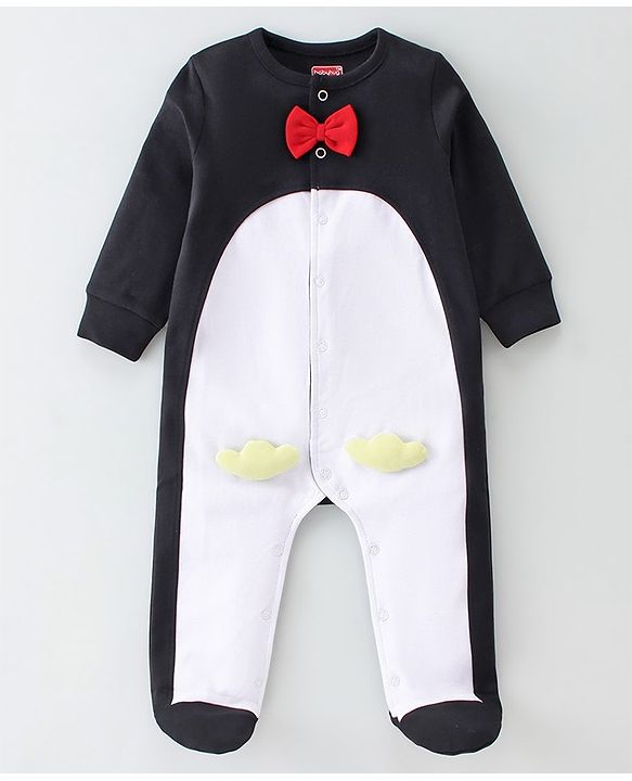 Babyhug Cotton Interlock Knit Full Sleeves Sleepsuit With Bow Applique - Black & White