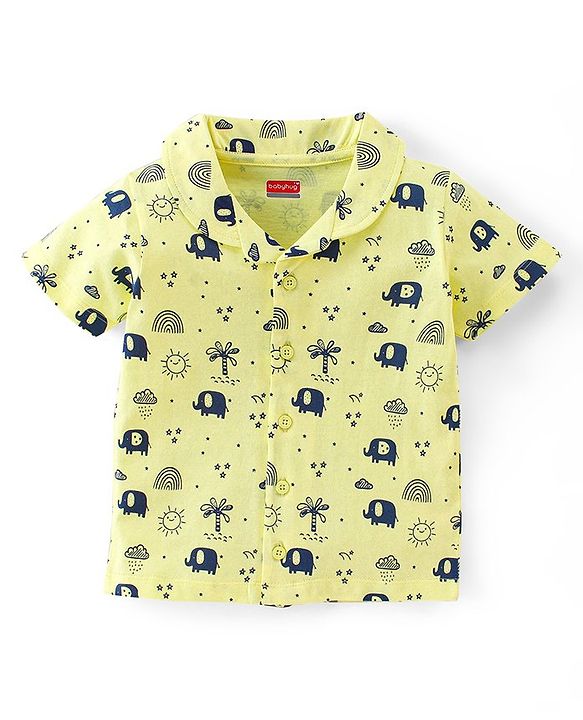 Babyhug Cotton Knit Half Sleeves Night Suit Elephant Print - Yellow