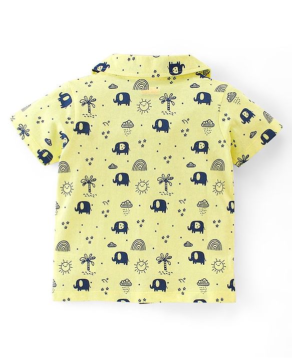 Babyhug Cotton Knit Half Sleeves Night Suit Elephant Print - Yellow