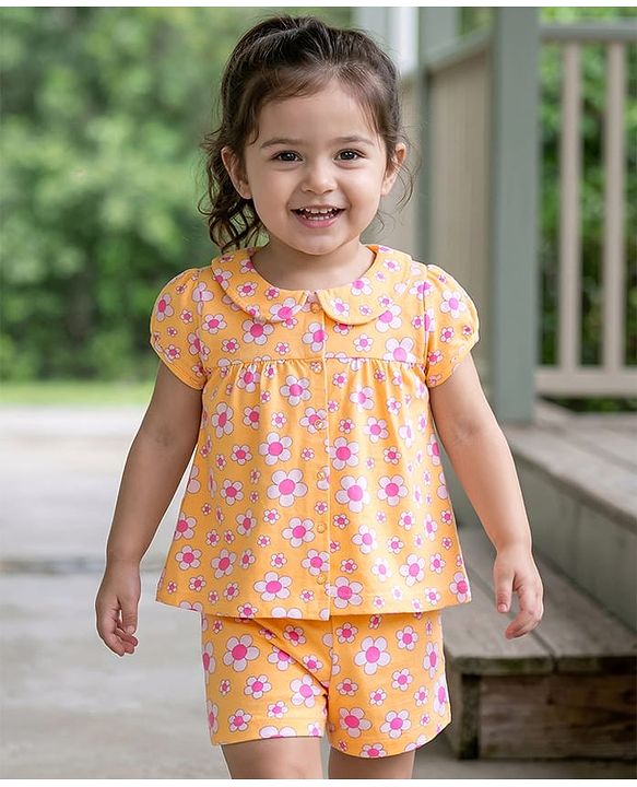 Babyhug Cotton Single Jersey Knit Half Sleeves Night Suit Floral Print - Orange