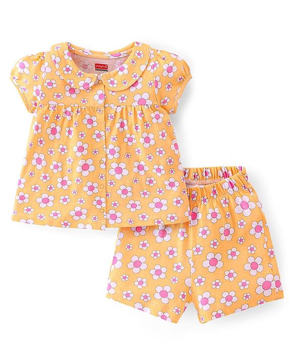 Babyhug Cotton Single Jersey Knit Half Sleeves Night Suit Floral Print - Orange