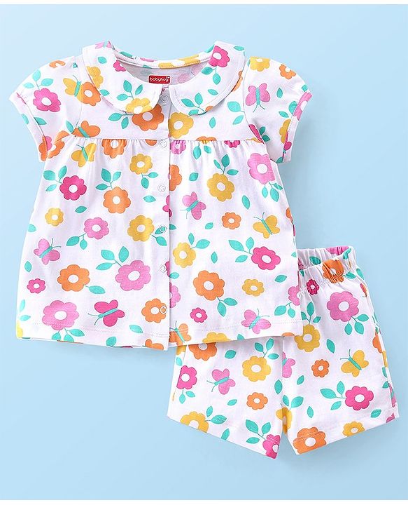 Babyhug Cotton Knit Single Jersey Half Sleeves Night Suit With Floral Print - White