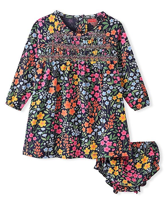 Babyhug 100% Cotton Single Jersey Knit Full Sleeves Frock With Bloomer Floral Print - Blue