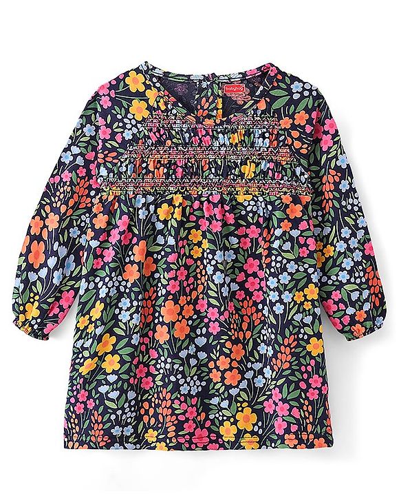 Babyhug 100% Cotton Single Jersey Knit Full Sleeves Frock With Bloomer Floral Print - Blue