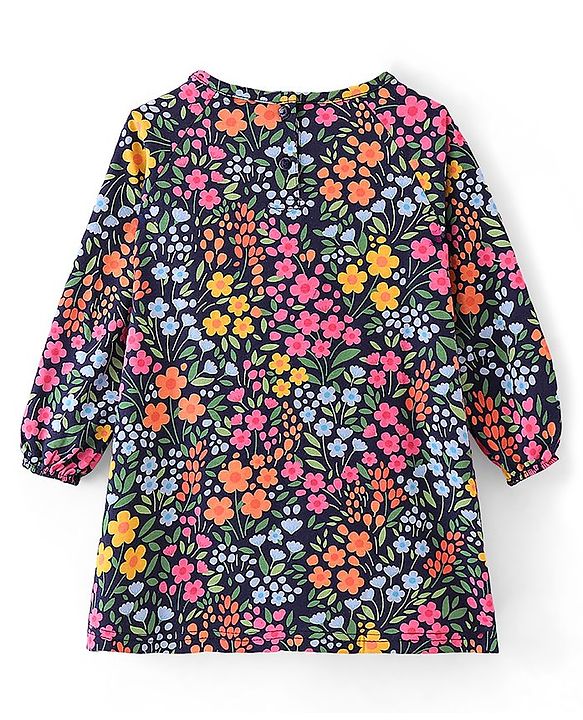 Babyhug 100% Cotton Single Jersey Knit Full Sleeves Frock With Bloomer Floral Print - Blue