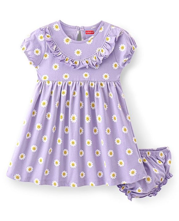 Babyhug 100% Cotton Single Jersey Knit Half Sleeves Frock With Bloomer Floral Print - Purple