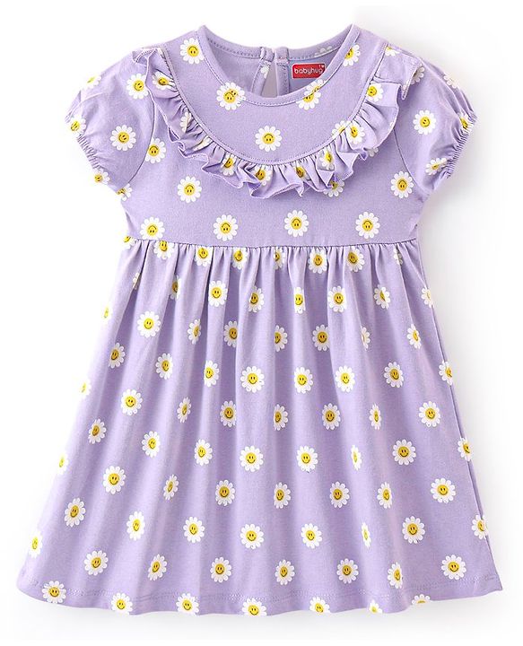Babyhug 100% Cotton Single Jersey Knit Half Sleeves Frock With Bloomer Floral Print - Purple