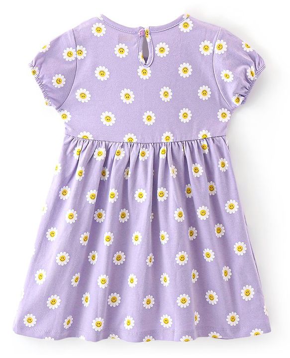 Babyhug 100% Cotton Single Jersey Knit Half Sleeves Frock With Bloomer Floral Print - Purple