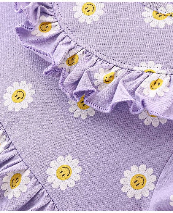 Babyhug 100% Cotton Single Jersey Knit Half Sleeves Frock With Bloomer Floral Print - Purple