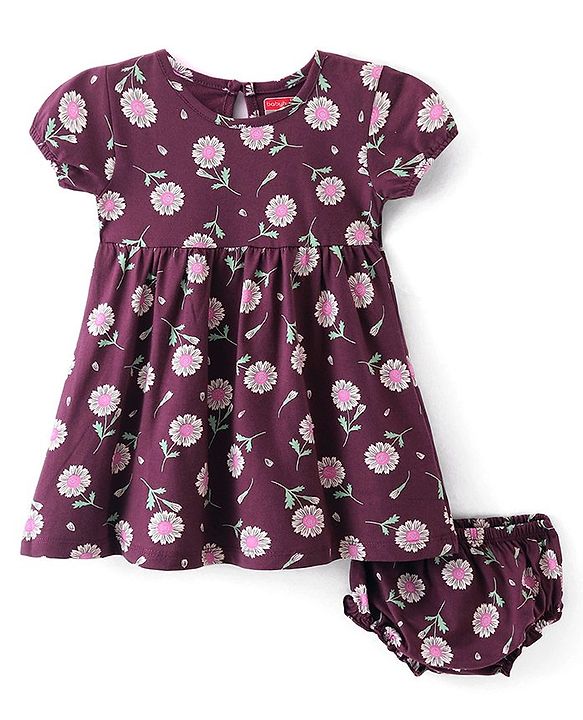 Babyhug 100% Cotton Single Jersey Knit Half Sleeves Frock With Bloomer Floral Print - Maroon