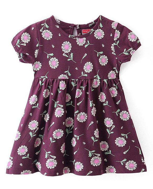 Babyhug 100% Cotton Single Jersey Knit Half Sleeves Frock With Bloomer Floral Print - Maroon