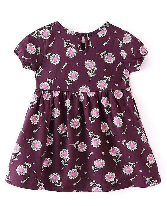 Babyhug 100% Cotton Single Jersey Knit Half Sleeves Frock With Bloomer Floral Print - Maroon