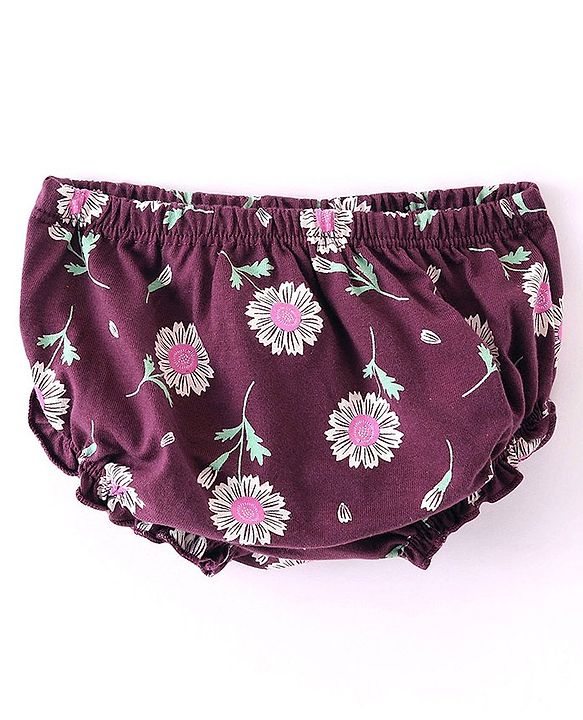 Babyhug 100% Cotton Single Jersey Knit Half Sleeves Frock With Bloomer Floral Print - Maroon